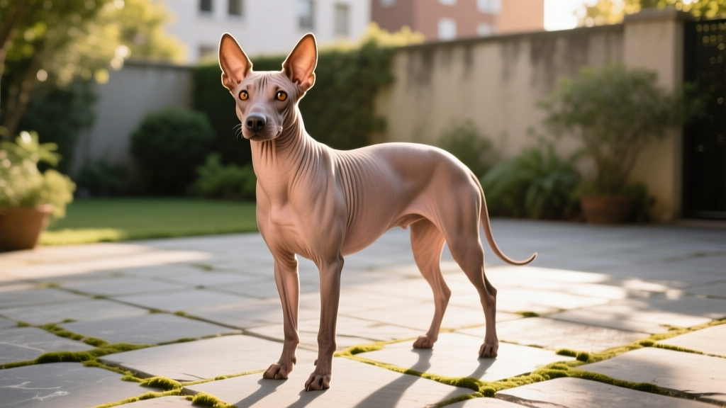 A sleek, hairless Xoloitzcuintli standing alert on a sunlit stone patio