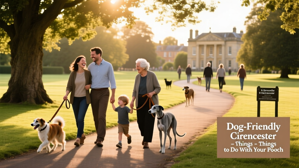 People walking dogs along tree-lined paths in Cirencester Park