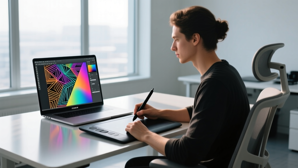 Digital artist using an XPPen Deco Pro wireless drawing tablet stylus, with a laptop screen showing complex vector line art and color palettes