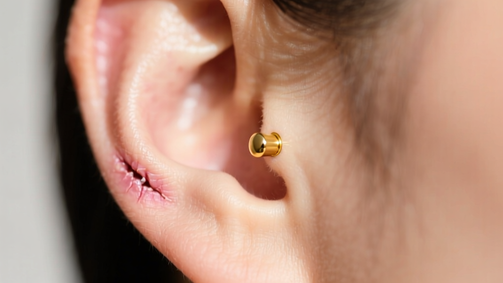 Macro shot of a healed earlobe piercing with a 14k gold stud, soft lighting highlighting healthy skin texture around the fistula.