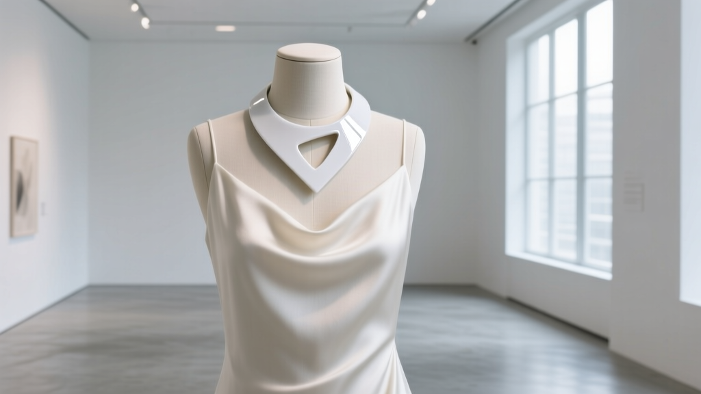 White ABS collar necklace with asymmetric cutouts, displayed on a mannequin in a minimalist silk dress inside an art gallery.