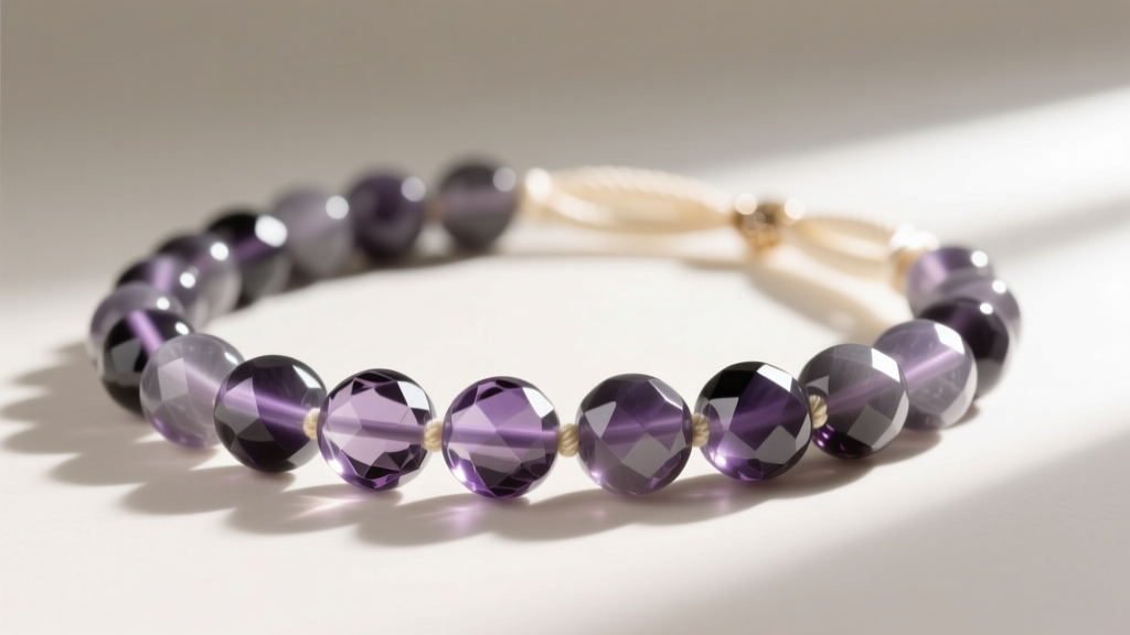 Close-up of a smoky quartz beaded necklace with 8mm faceted round beads on cream silk, illuminated by soft natural window light.