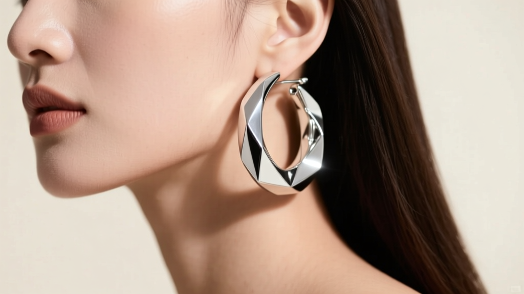 Close-up of thick 925 sterling silver chunky hoop earrings on a model, with studio lighting highlighting the polished metal.