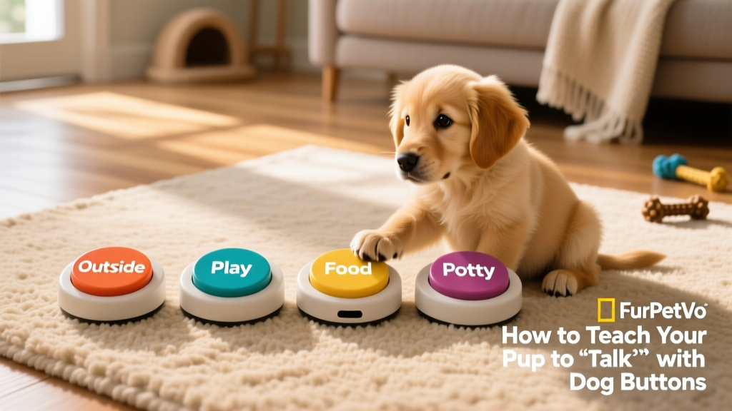 A neatly arranged set of four FurPetVo buttons on a low rug: 'Outside,' 'Play,' 'Food,' and 'Potty'