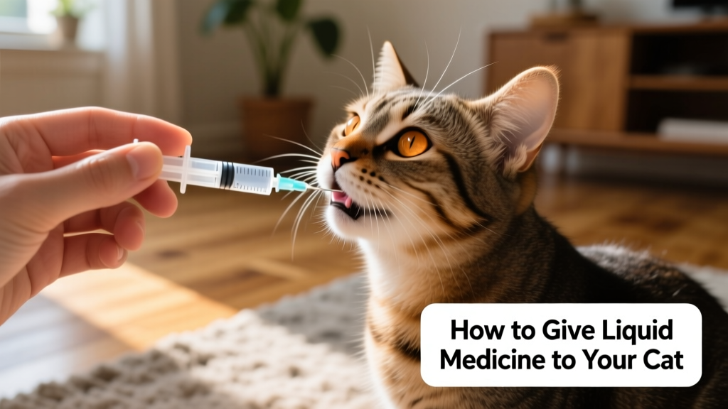 Close-up of a hand using a syringe to administer liquid medication into the side of a cat's mouth