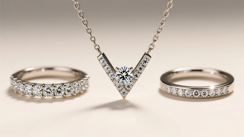Macro view of three diamond V necklace settings: channel, prong, and bezel, showing metal borders and bright light reflections.