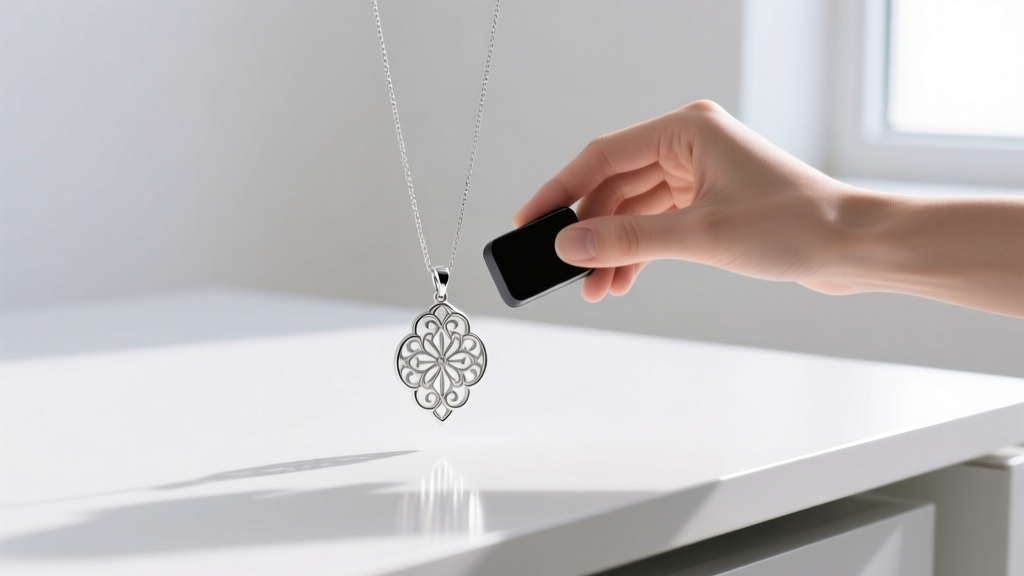Hand holding a magnet near a silver pendant to test it on a white desk, illuminated by bright natural daylight