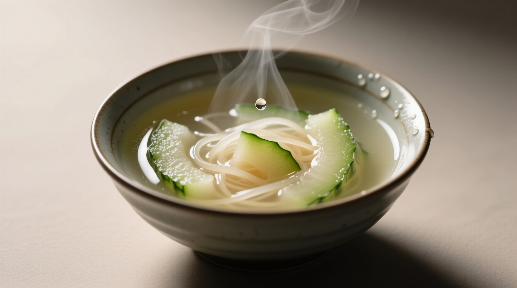 Clear winter melon soup in a ceramic bowl with floating dried shrimp, served at room temperature in daylight