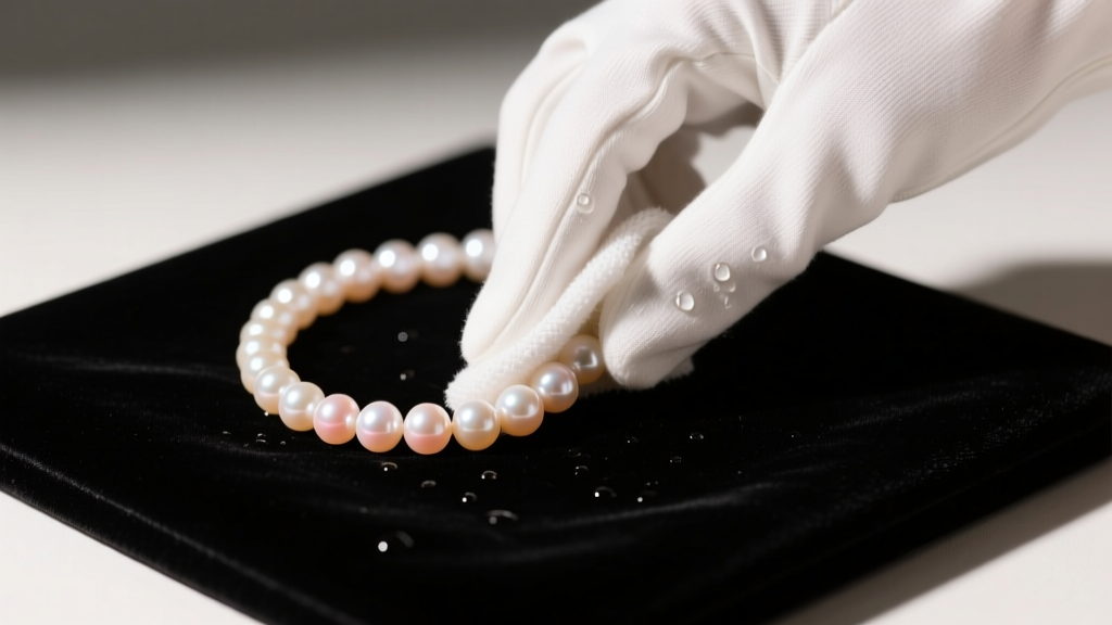 Hands in white cotton gloves gently wiping a strand of cream Akoya pearls with a damp microfiber cloth on a dark velvet pad.