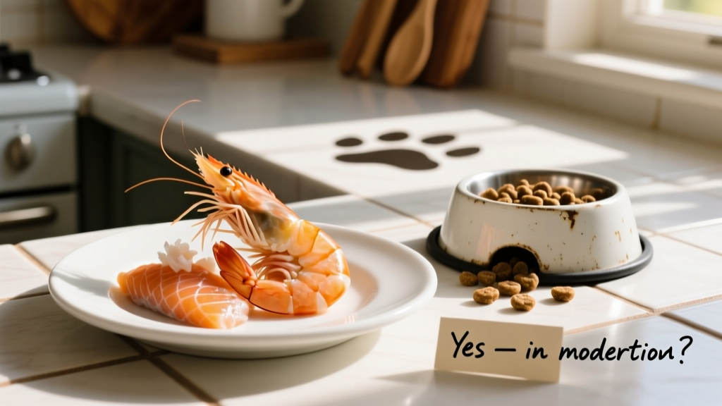 Close-up of peeled, cooked shrimp and flaked salmon on a clean ceramic dish beside a dog’s food bowl