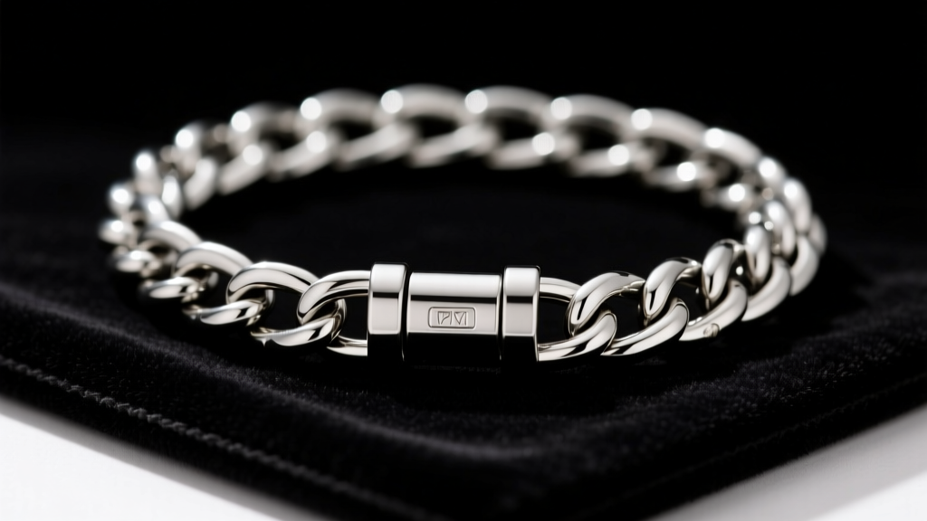 Detailed view of a stainless steel magnetic barrel clasp securing a thick chainlink chunky choker necklace on a dark velvet pad.