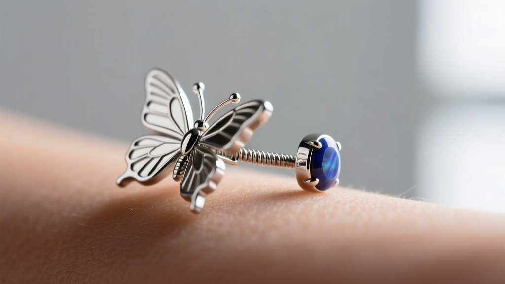 Close-up of a butterfly friction backing on a 20-gauge silver lapis stud post, showing the rhodium plating mechanism against skin.