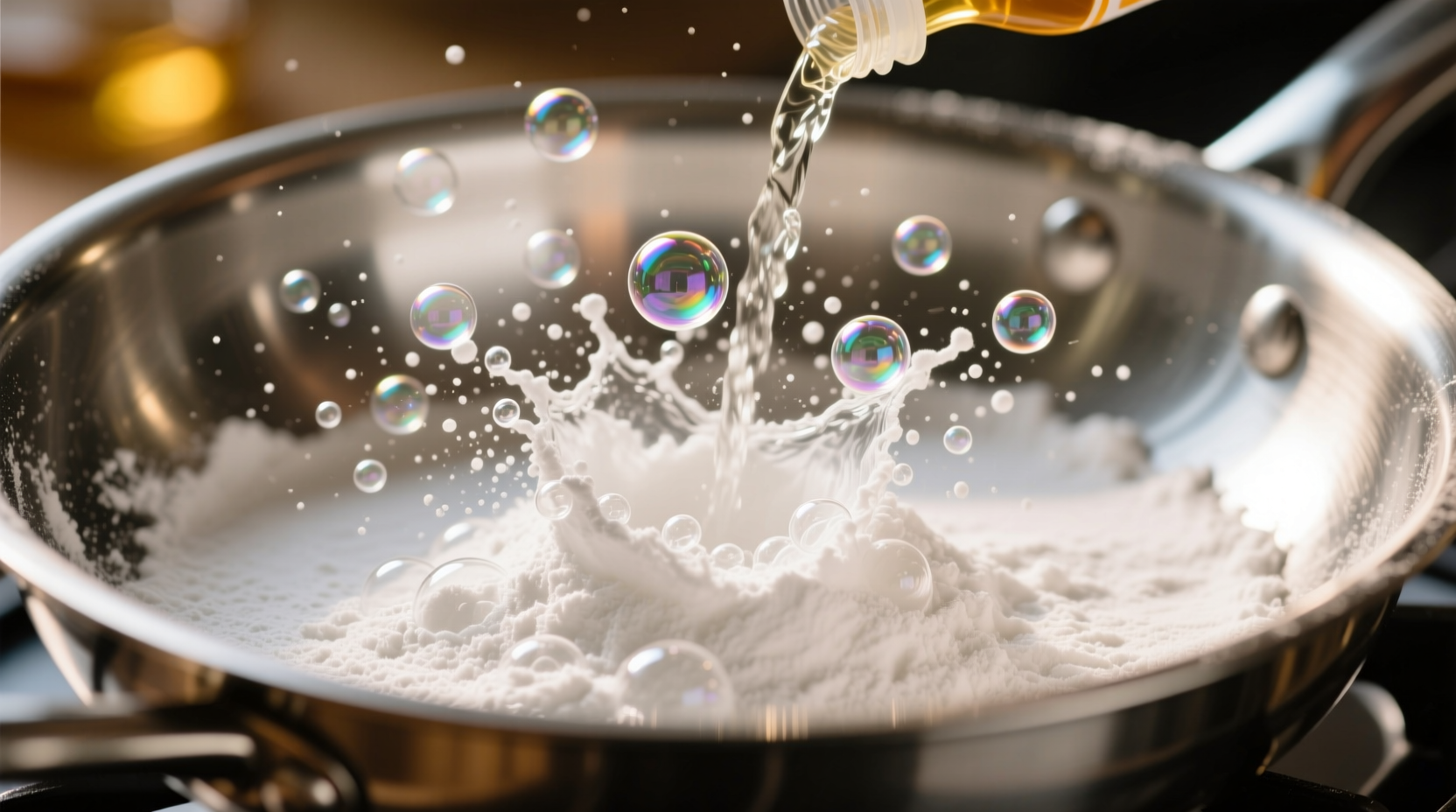 Baking soda bubbling in a stainless steel pan