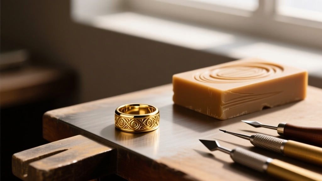 Custom 18k gold signet ring on a jeweler bench next to a wax carving block and hand engraving tools under warm studio light