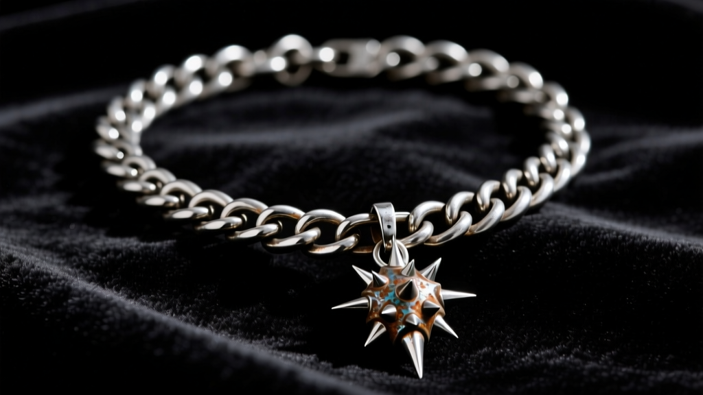 Oxidized 925 silver 6-gauge Cuban link choker with gothic spiked pendant on black velvet under moody, dramatic studio lighting.