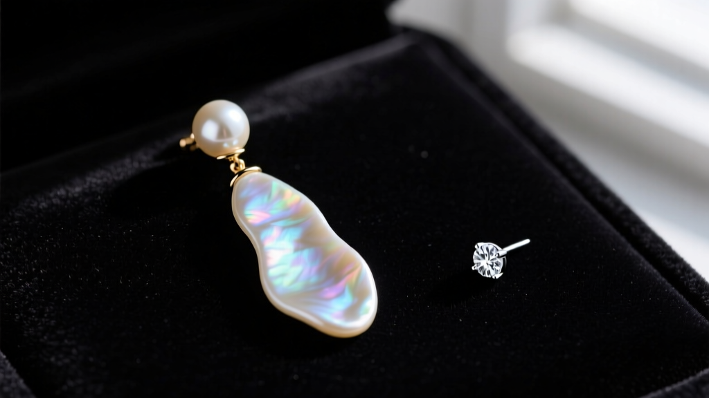 Flat lay of asymmetrical pearl jewelry featuring one long baroque drop earring and one small diamond stud on dark velvet
