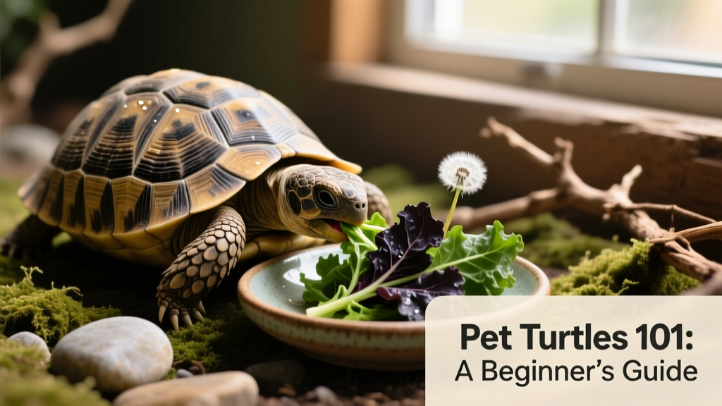 Tortoise eating dark leafy greens from a shallow ceramic dish in a naturalistic enclosure