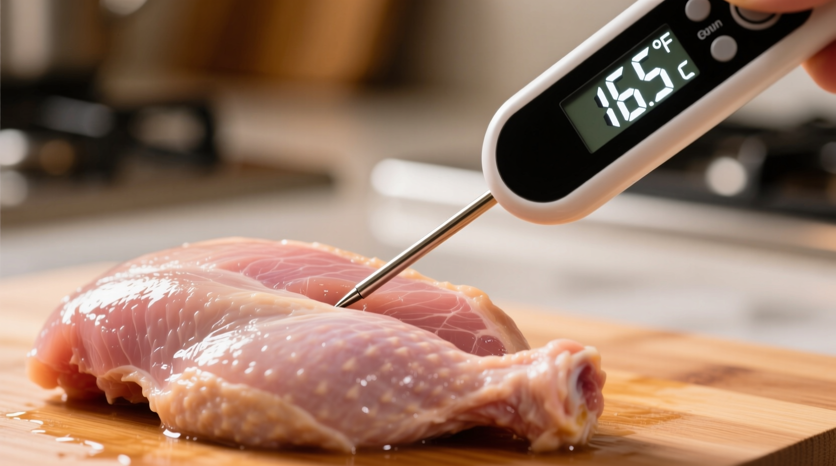 Digital thermometer measuring chicken breast temperature