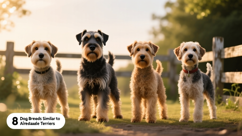 Side-by-side comparison of four similar terrier-type breeds: Barbet, Giant Schnauzer, Welsh Terrier, and Portuguese Water Dog, each posed confidently in natural light
