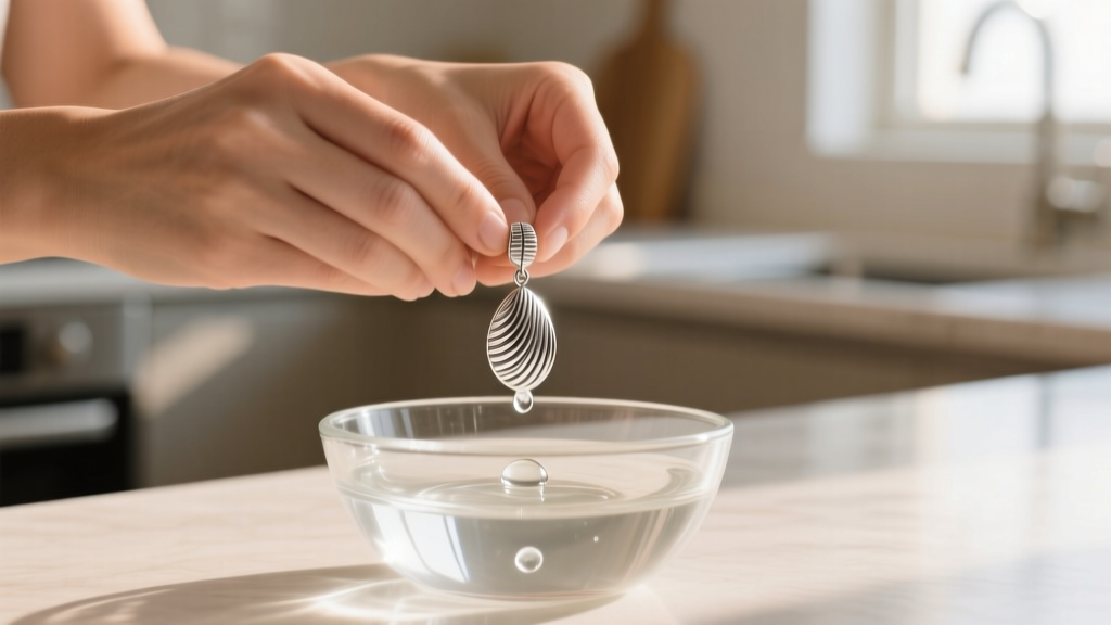 Hands gently washing a textured silver drop earring in a small glass bowl of lukewarm water with a single drop of mild dish soap.