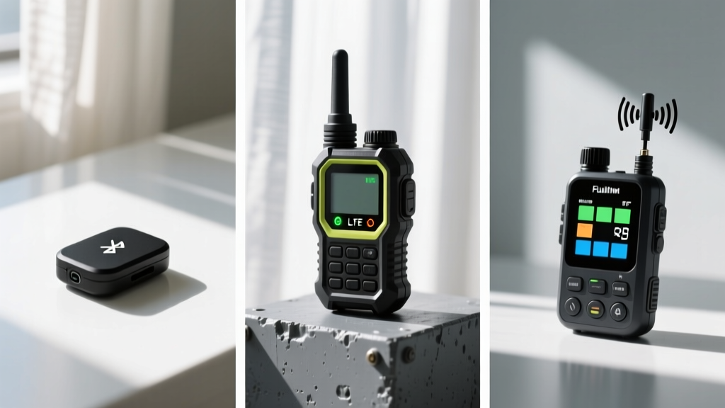Split-screen showing a basic Bluetooth tracker alongside a professional LTE GPS unit and an RF signal detector