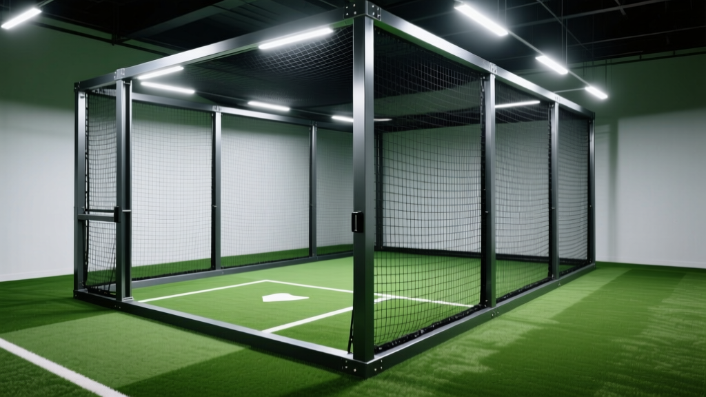 Commercial indoor baseball batting cage with heavy-duty steel framing, green turf flooring, and black nylon netting under bright LED lights