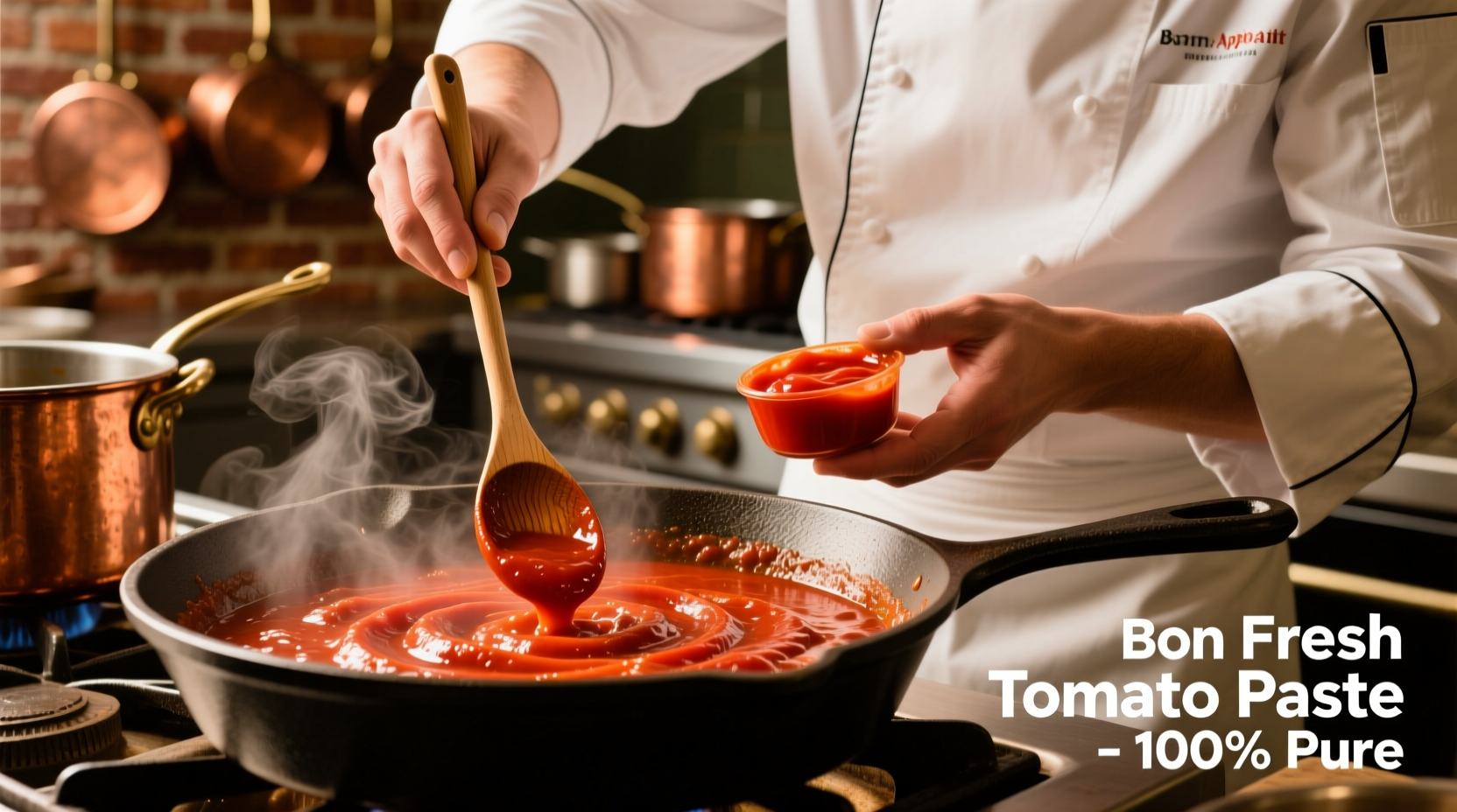 Chef measuring tomato paste into simmering sauce