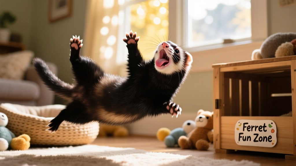 A black sable ferret mid-tumble, paws in the air, tongue lolling—captured mid-laugh