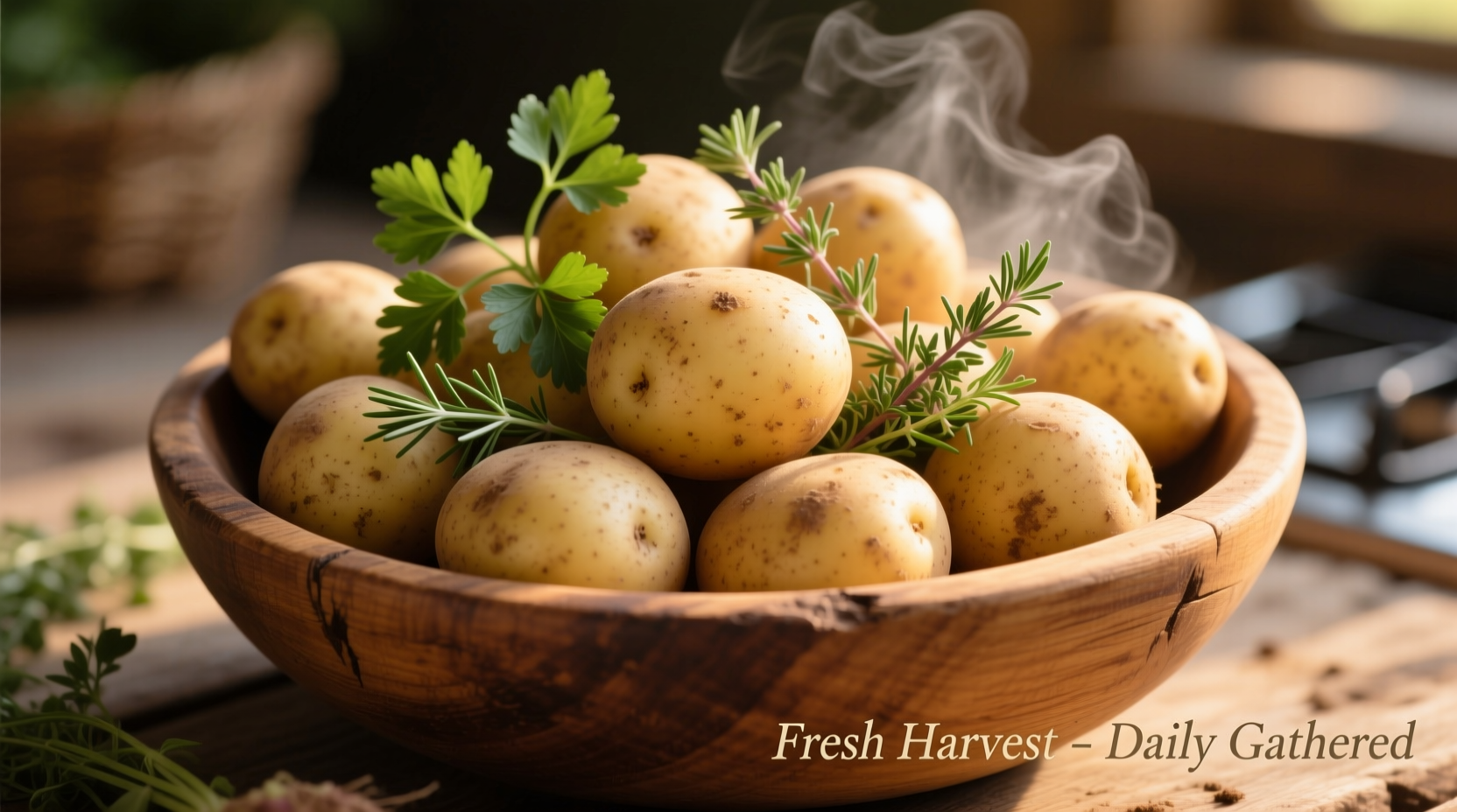 Fresh potatoes in a wooden bowl with herbs