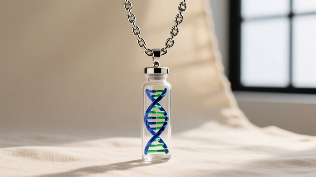 A sturdy 16-gauge stainless steel curb chain supporting a heavy glass DNA vial pendant on a neutral linen backdrop