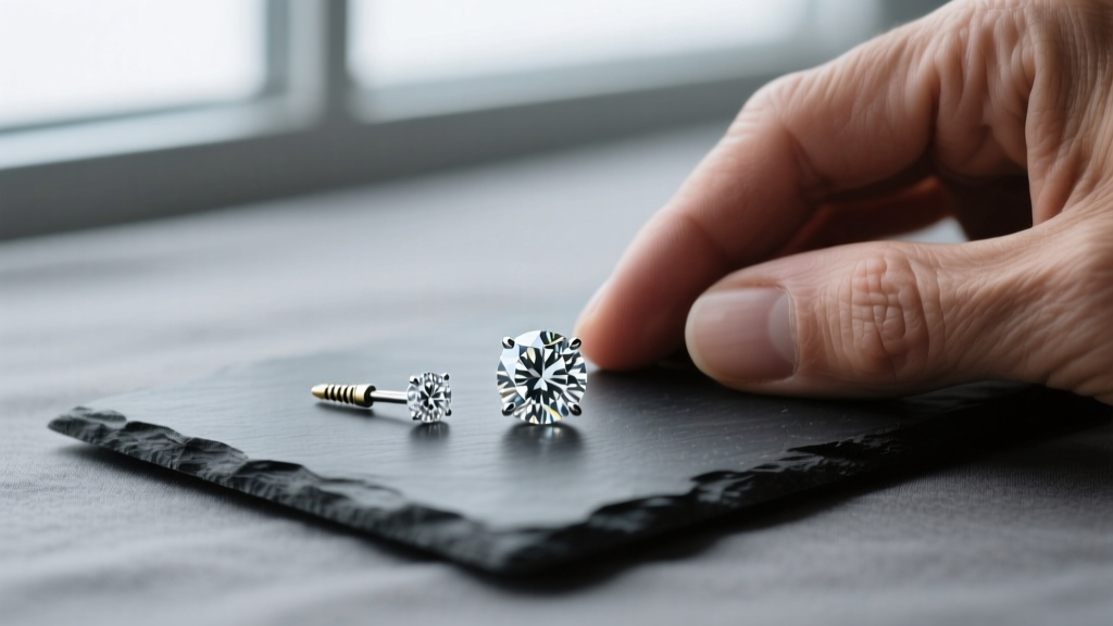 Flat lay of a 3.5mm diamond stud and a 4.5mm diamond stud on dark slate, next to a jeweler