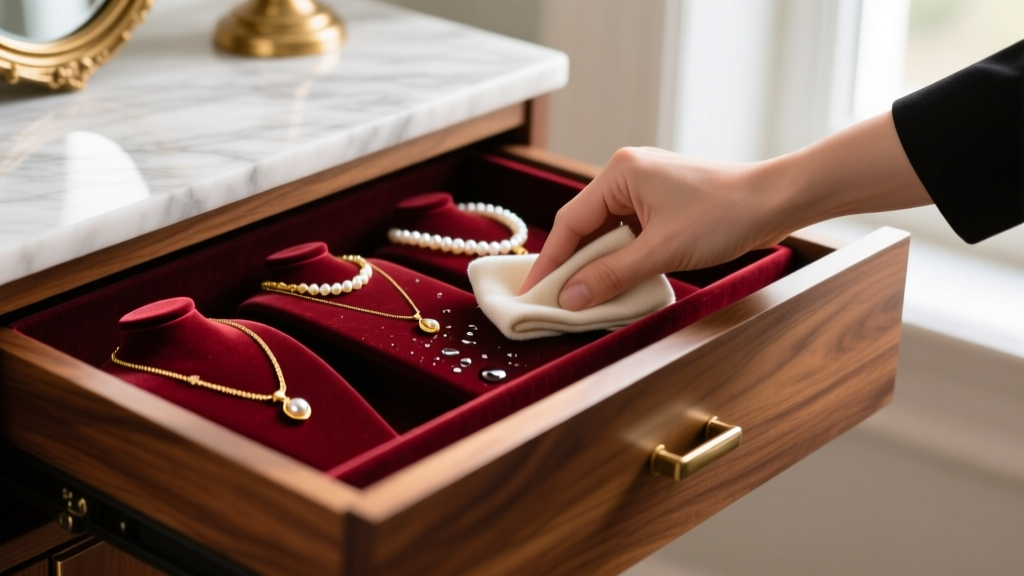 Hands gently wiping a velvet-lined drawer of a luxury necklace stand organizer with a soft microfiber cloth and mild soapy water