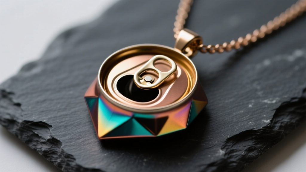 Close-up of an upcycled pop can necklace pendant with smooth sealed edges resting on dark slate under soft studio lighting.