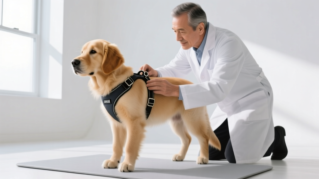 Veterinarian examining a Golden Retriever puppy to demonstrate proper front-clip harness placement over the sternum and shoulders