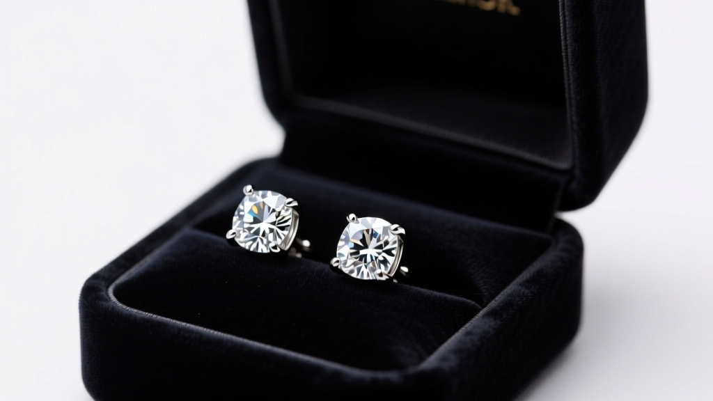 Velvet box opening to reveal 1-carat princess cut diamond stud earrings in platinum martini settings under soft studio lighting.