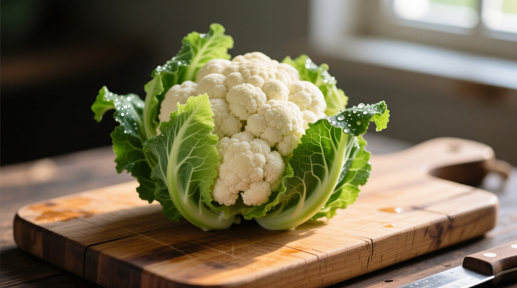 Fresh cauliflower leaves on wooden cutting board