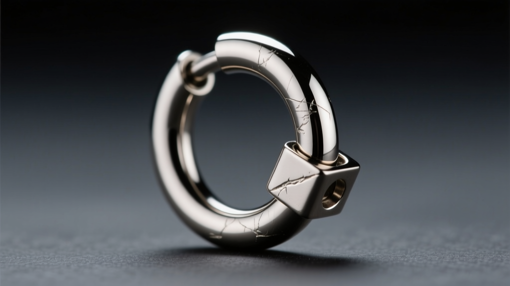 Macro shot of a 16-gauge titanium J hoop clicker hinge, showing the precise interlocking joint against a blurred dark background.