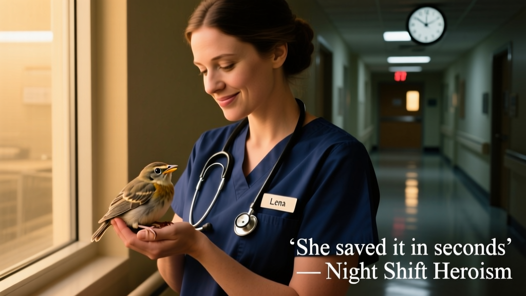 Night shift nurse in scrubs gently holding a baby bird in cupped hands