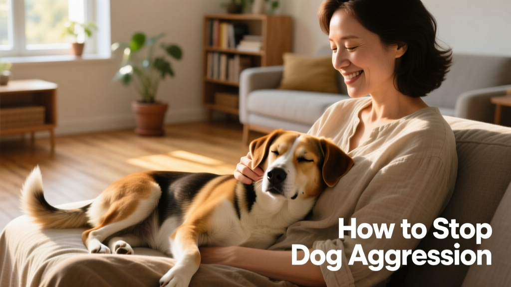 A happy, relaxed dog resting with its head on its owner's lap, eyes half-closed, tail gently thumping