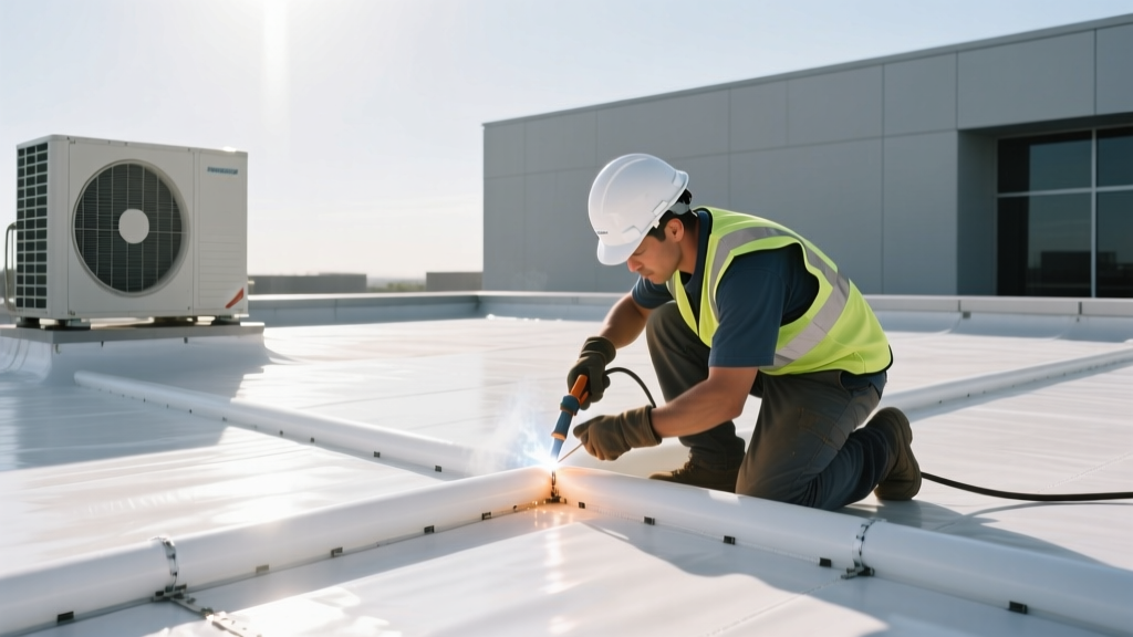 Commercial flat roof installation showing a worker heat-welding white TPO membrane seams next to an HVAC unit on a sunny day