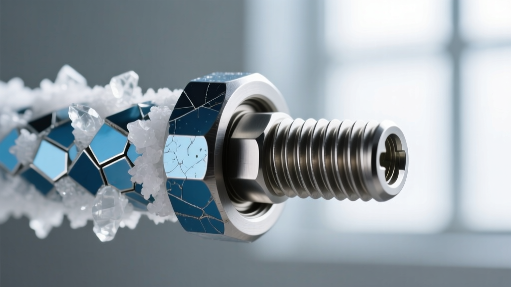 Macro shot of a marine-grade titanium barrel clasp coated in dried sea salt, highlighting the secure screw-thread locking mechanism.