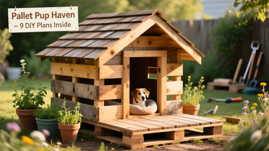 A rustic yet tidy dog house built entirely from repurposed wooden pallets, with a sloped roof and raised floor