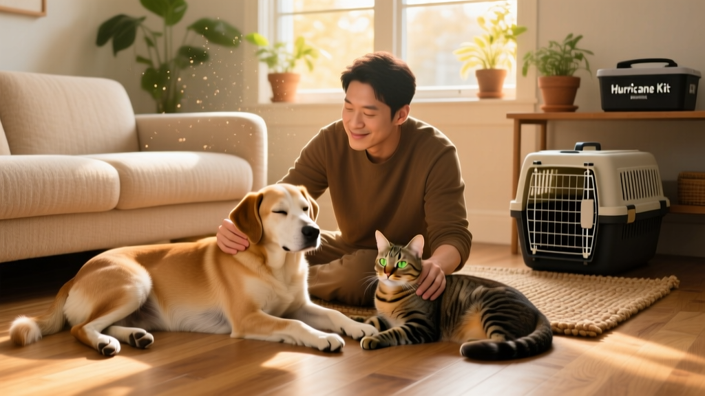 A calm, confident person gently strokes a dog and a cat indoors, both pets appearing relaxed and secure.