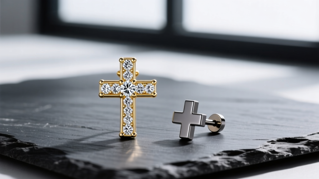 Flat lay of a luxury diamond cross earring next to an affordable PVD-coated titanium cross stud resting on a dark slate background