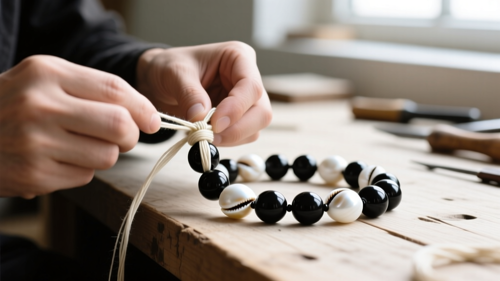 Macro shot of a jeweler knotting unbleached silk thread between spherical black and white shell beads on a wooden workbench.