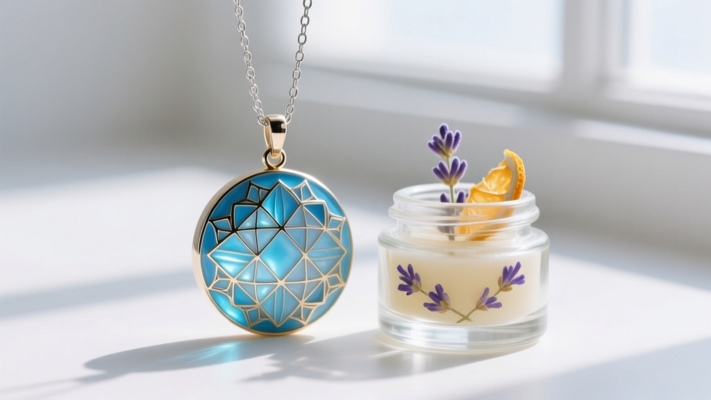 Antique guilloche enamel perfume pendant in translucent blue, displayed beside a small glass jar of solid botanical scent