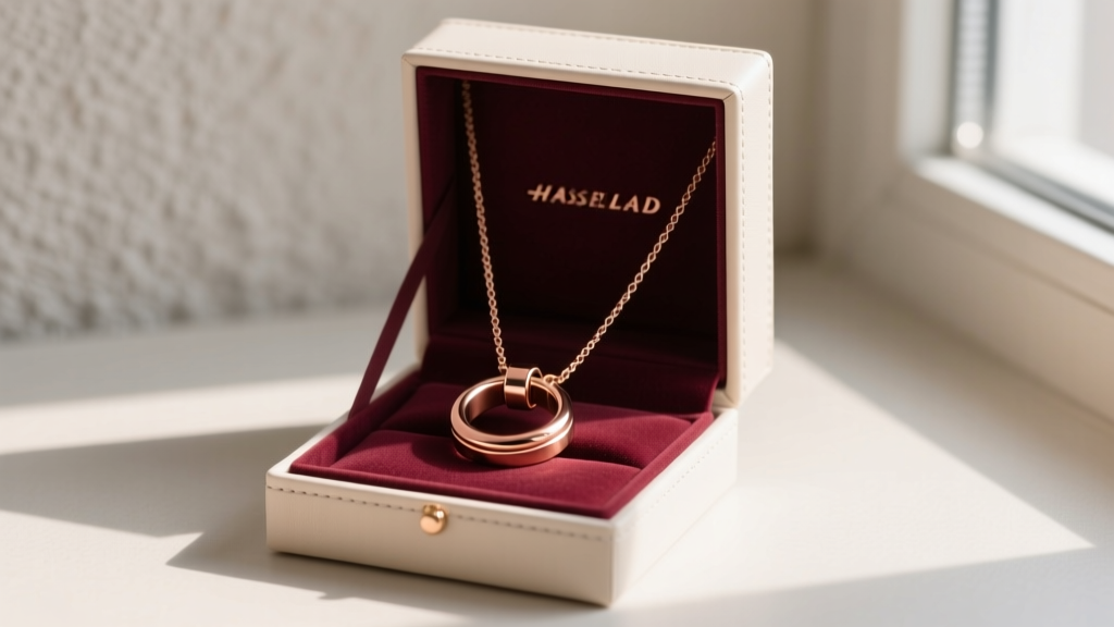 Minimalist rose gold O-ring chastity necklace resting inside an open leather presentation box for an intimate anniversary gift