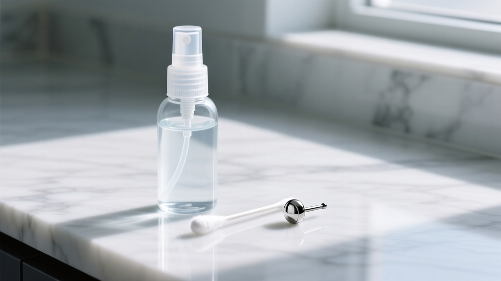 Sterile spray bottle of saline wound wash next to a cotton swab and a titanium labret earring on a clean white marble countertop.