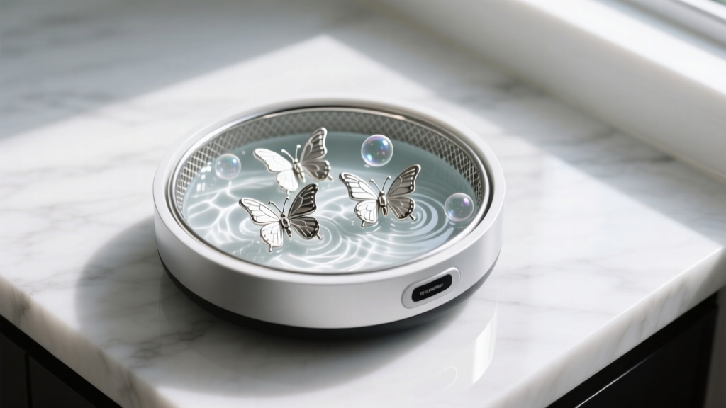 Small ultrasonic jewelry cleaner filled with soapy water, holding a steel mesh basket of silver butterfly earring clutches.