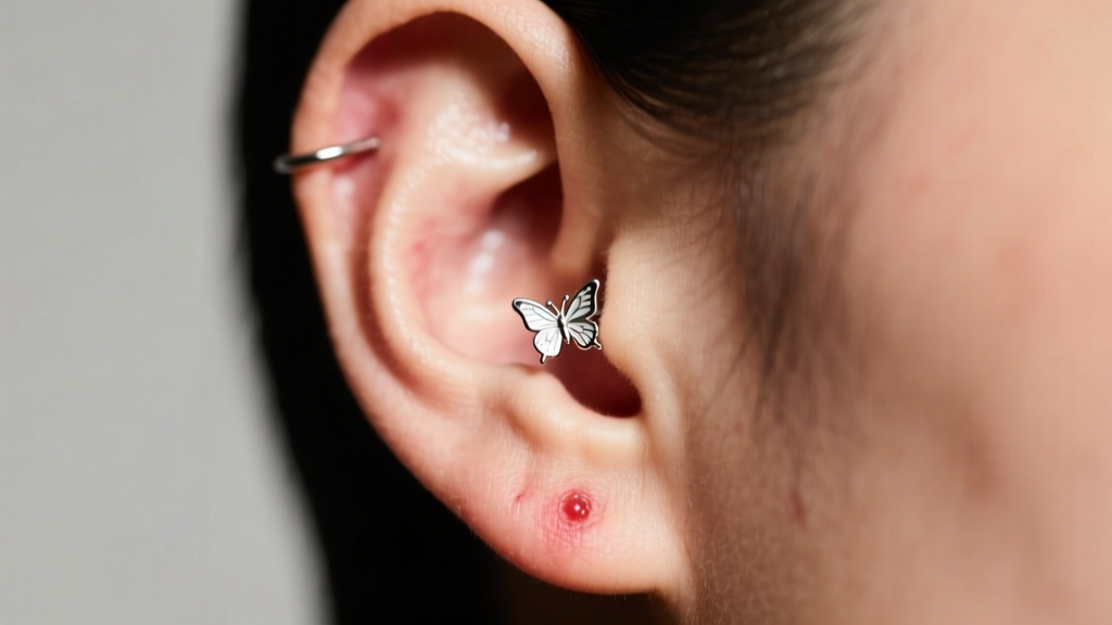Close-up of an irritated earlobe piercing with a butterfly-back stud, showing redness and a small bump under soft studio lighting